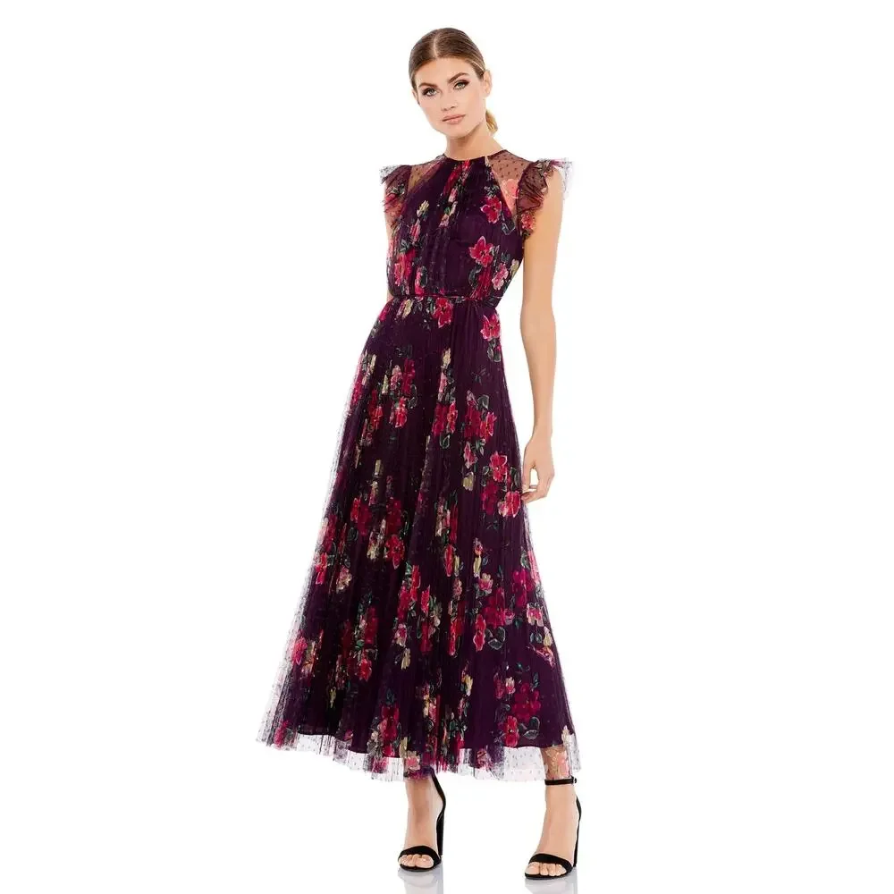 IEENA FOR MAC DUGGAL 2143 Floral Flutter Sleeve Midi Dress Plum Multi 6 NEW